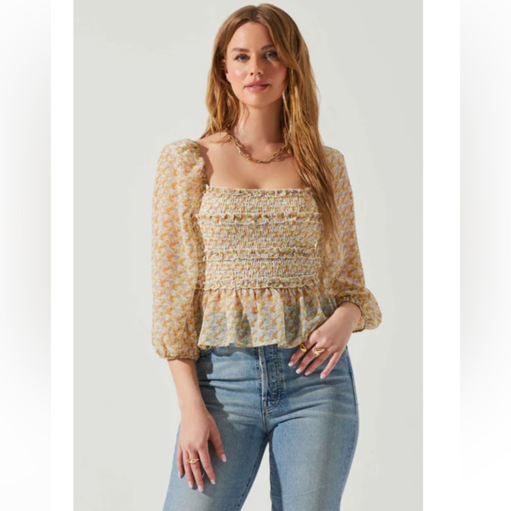 Astr Floral Smocked Tie Back Top